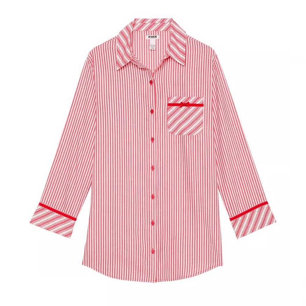Victoria’s Secret/Pink Flannel Velvet Trim Sleepshirt in Red/White Stripe XL NWT